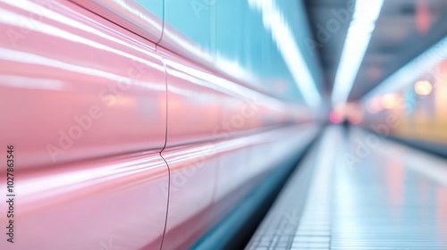 A vibrant and blurred view of a subway station corridor highlights dynamic lighting and sleek design, capturing a sense of movement and modernity in urban transit. photo