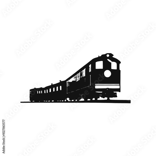 A black silhouette of a train engine with a red sun in the white background 