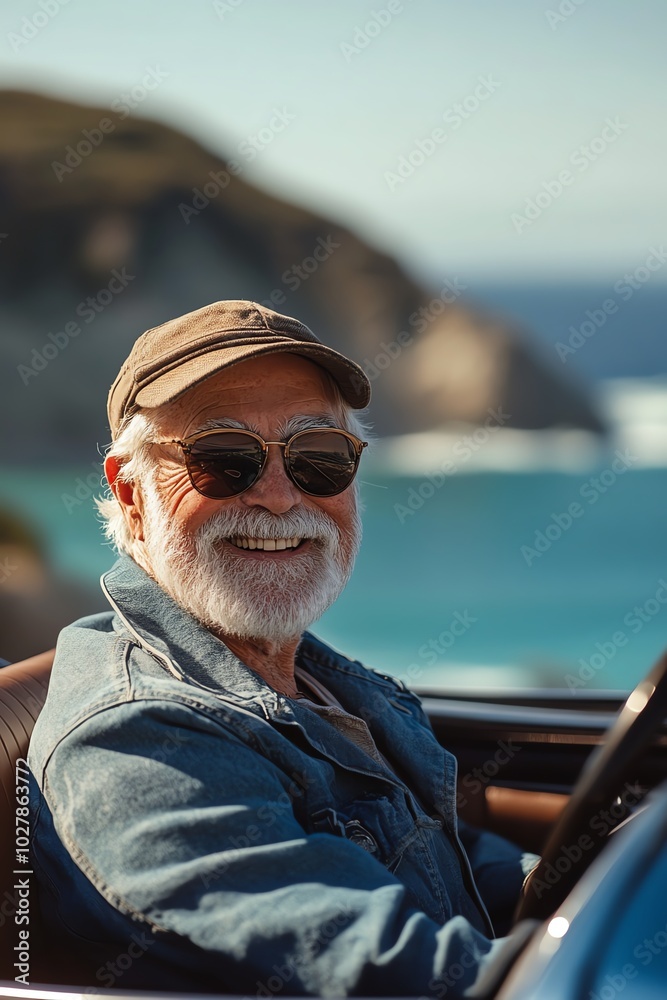 A joyful elderly man enjoying a scenic coastal drive, capturing the essence of freedom and adventure in life. A joyful elderly man enjoying a scenic coastal drive, capturing the essence of freedom and adventure in life.