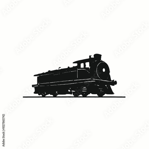 A black silhouette of a train engine with a red sun in the white background 