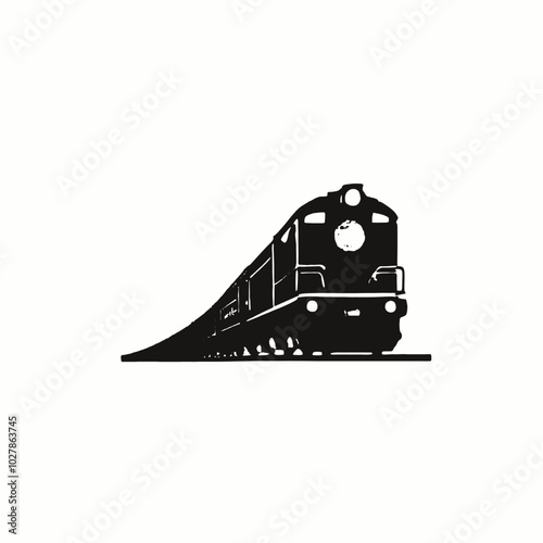 A black silhouette of a train engine with a red sun in the white background 