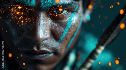 A fierce tribal hunter with fiery eyes and blue face paint, captured in an intense moment of focus, symbolizing resilience and warrior spirit. photo