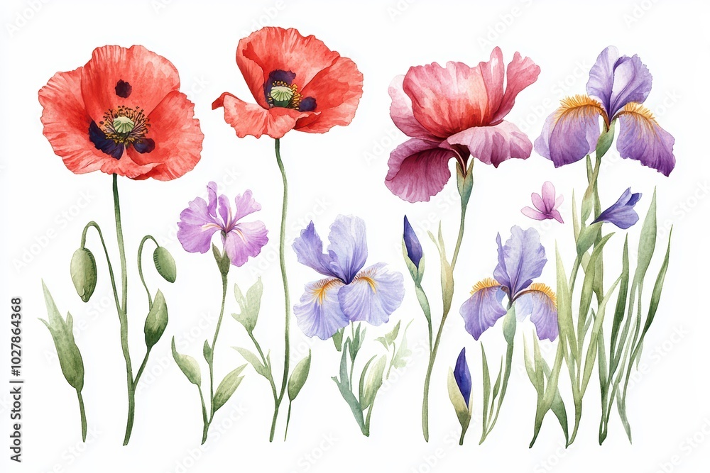 Fototapeta premium Vibrant watercolor flowers including poppies and irises in a delicate arrangement, perfect for floral designs and decorations.