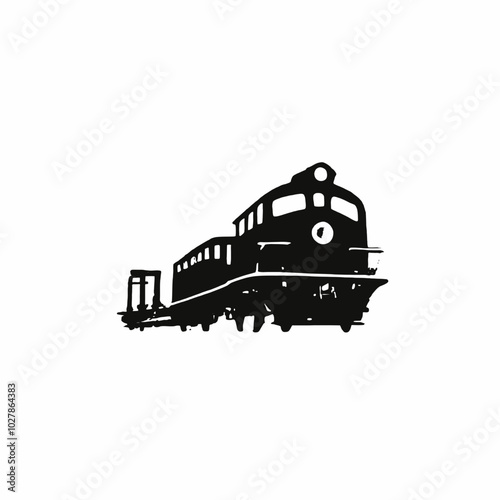 A black silhouette of a train engine with a red sun in the white background 