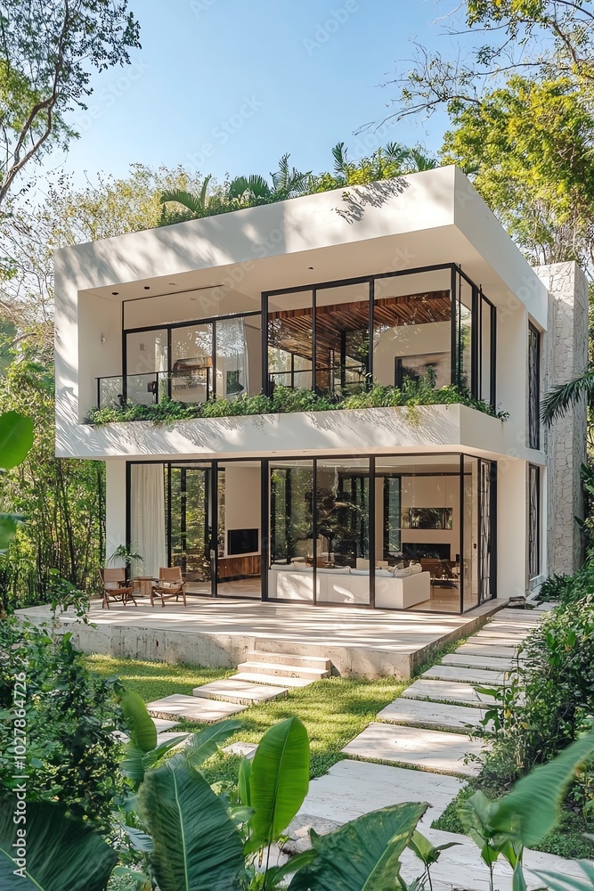 Fototapeta premium Modern house surrounded by lush greenery, featuring large windows and a stylish design for relaxed living in nature.