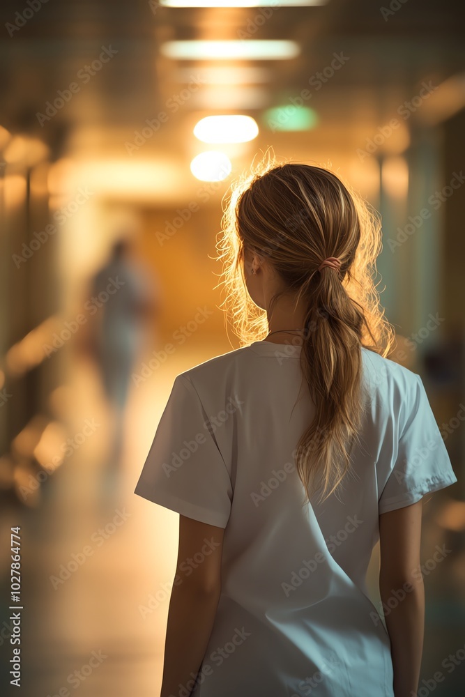 A nurse stands in a softly lit hospital corridor, symbolizing dedication and care in the healthcare environment. A nurse stands in a softly lit hospital corridor, symbolizing dedication and care in the healthcare environment.