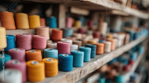 On rustic shelves, spools of colorful threads create a dynamic scene of creativity and artistic potential, highlighting the vibrant world of textile crafts and design.