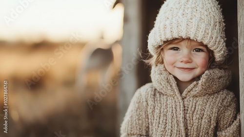 A child wearing a knitted hat leans softly against a rustic wooden structure with a blurred, warm-toned background enhancing the photograph's cozy aura.