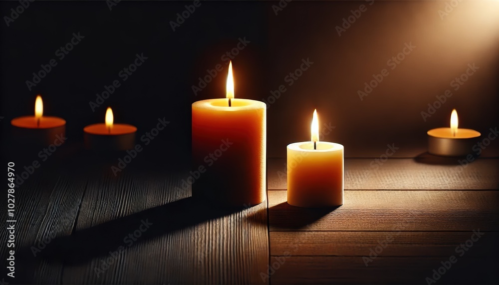 Lit candles on a dark background creating a peaceful atmosphere Lit candles on a dark background creating a peaceful atmosphere