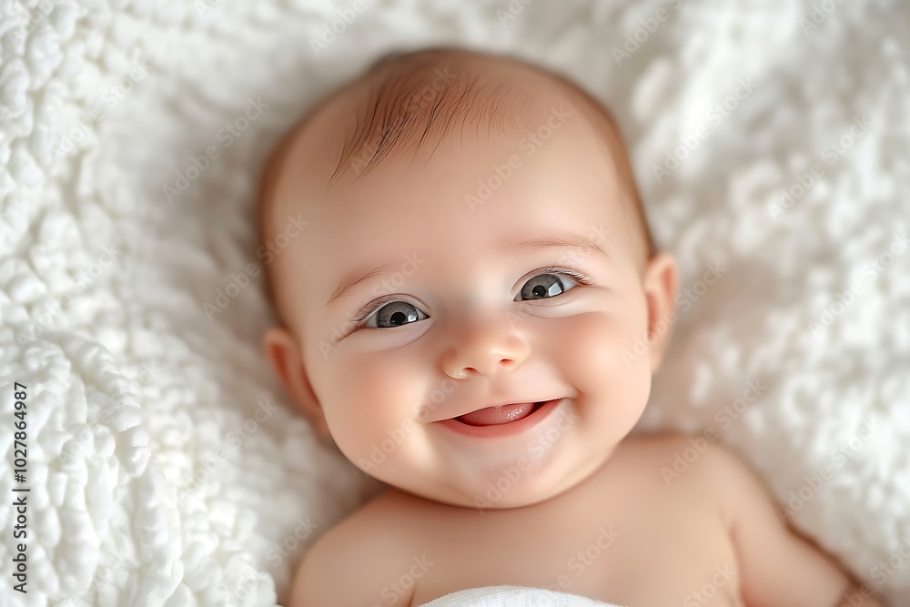 Smiling newborn baby lying on a clean white blanket, close-up shot, high-definition clarity, smooth skin texture. Smiling newborn baby lying on a clean white blanket, close-up shot, high-definition clarity, smooth skin texture.