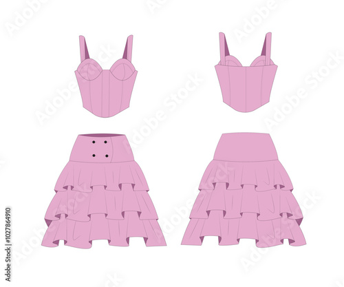 Flat sketch design and technical toplex and pleated skirt for girls 
Top and skirt vector design 
Fashion and clothing.