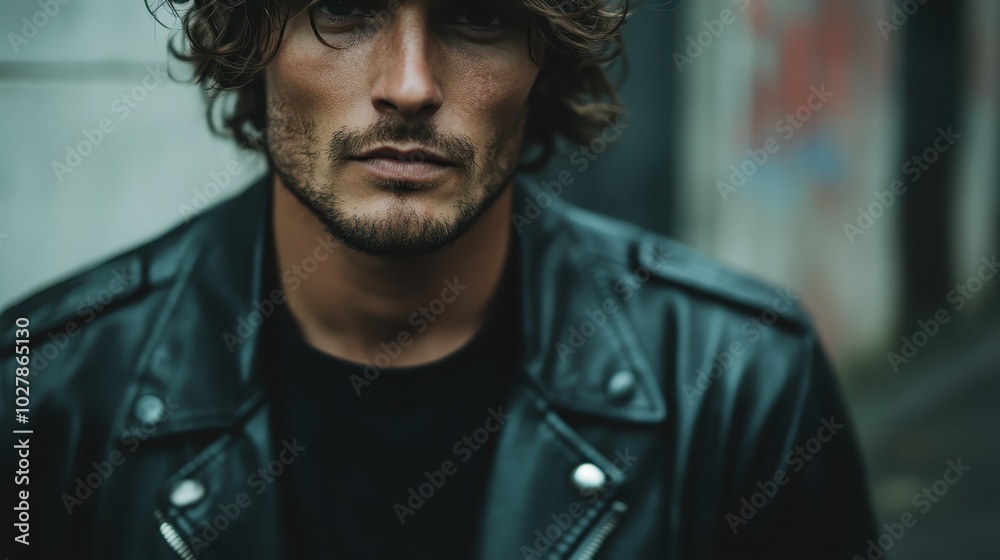 A rugged man with a beard looks intently at the camera, wearing a black leather jacket, projecting a tough, mysterious aura on a gritty city street. A rugged man with a beard looks intently at the camera, wearing a black leather jacket, projecting a tough, mysterious aura on a gritty city street.