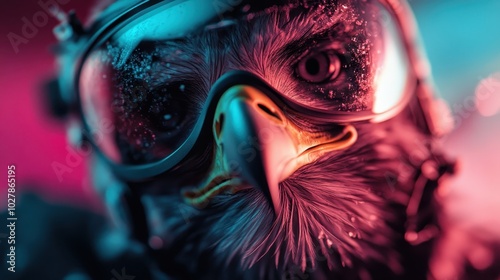 A close-up of an eagle wearing goggles, showcased in vibrant colors and detailed textures, illustrating a unique blend of nature and technology.