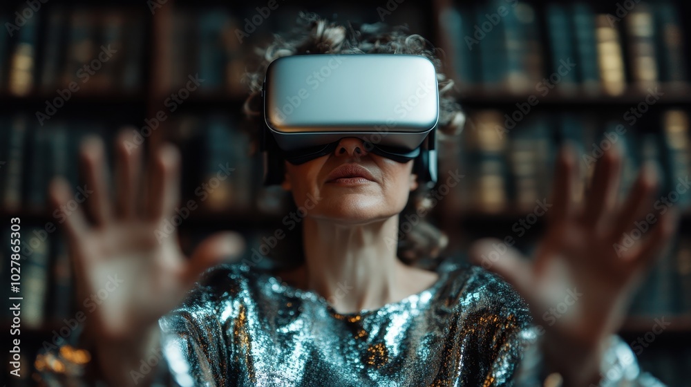 A woman in shimmering attire explores a virtual environment within a library using a VR headset, signifying the convergence of modern tech and traditional literacy. A woman in shimmering attire explores a virtual environment within a library using a VR headset, signifying the convergence of modern tech and traditional literacy.