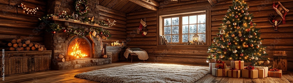 Fototapeta premium Cozy Winter Cabin with Festive Decorations