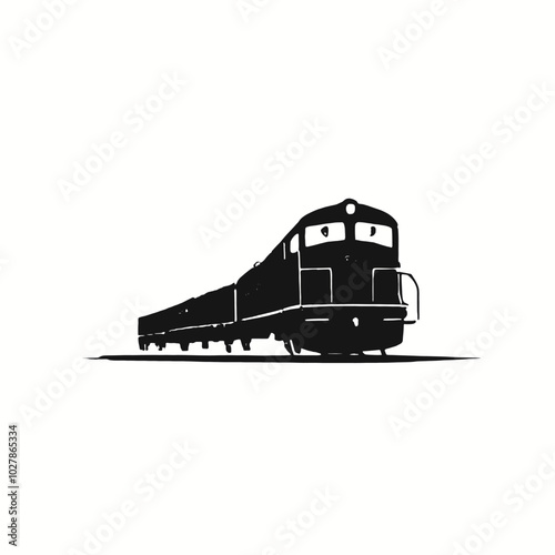 A black silhouette of a train engine with a red sun in the white background 