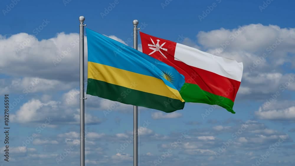 Oman and Rwanda flags flying together, video concept of the relationship, two country cooperation concept Oman and Rwanda flags flying together, video concept of the relationship, two country cooperation concept