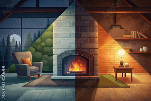 Cozy attic living room with fireplace split between day and night, interior design concept