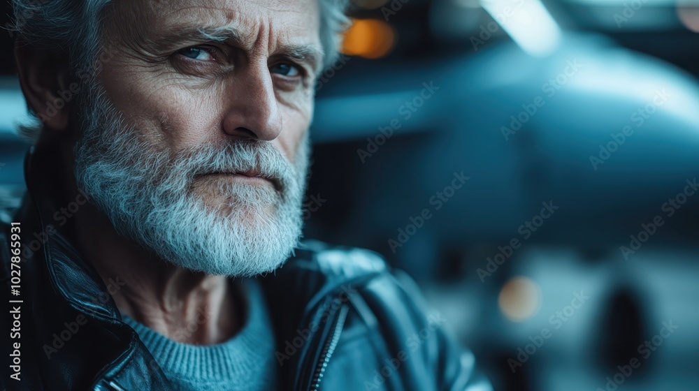 An elderly man with a piercing gaze is dressed in a leather jacket, exuding confidence and strength against a blurred background. Ideal for themes of resilience. An elderly man with a piercing gaze is dressed in a leather jacket, exuding confidence and strength against a blurred background. Ideal for themes of resilience.