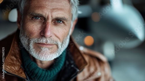 A close-up of a mature man with a gray beard, clad in a leather jacket, looking into the camera with a warm smile that conveys wisdom and life experience. photo