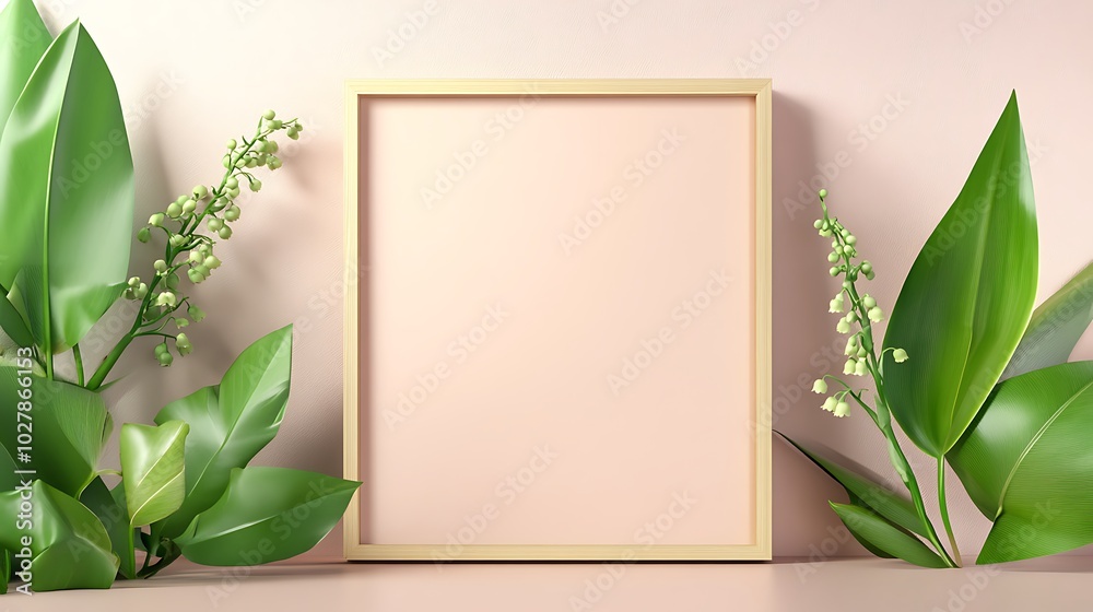 Square Poster Frame Mockup: A blank square poster frame standing against a simple backdrop. The outer edges of the frame are decorated with lily of the valley blooms. Square Poster Frame Mockup: A blank square poster frame standing against a simple backdrop. The outer edges of the frame are decorated with lily of the valley blooms.