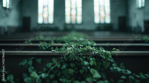 Long ivy vines cascade over the wooden pews of an abandoned church with distant stained-glass windows, creating an ethereal and tranquil atmosphere of nature's embrace. photo