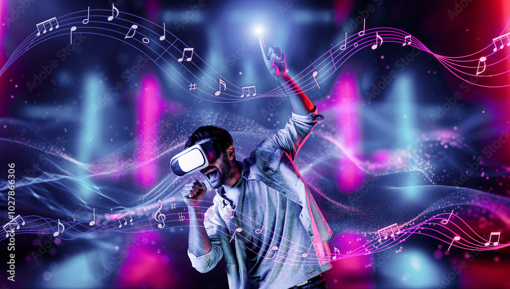 Man singing a song by using VR headset at simulated neon club. Relaxed person singing a song and holding microphone gesture while enter virtual reality simulated world. Blurring background. Deviation. Man singing a song by using VR headset at simulated neon club. Relaxed person singing a song and holding microphone gesture while enter virtual reality simulated world. Blurring background. Deviation.