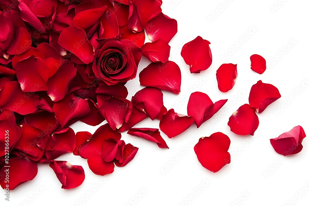 Fototapeta premium Red rose petals scattered on white background