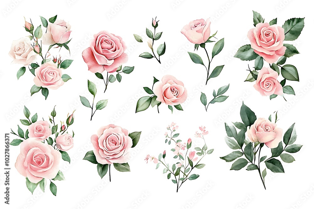 Fototapeta premium Floral watercolor rose collection
