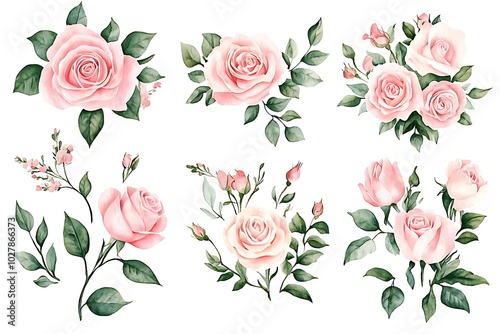 Floral watercolor rose bouquet illustrations 