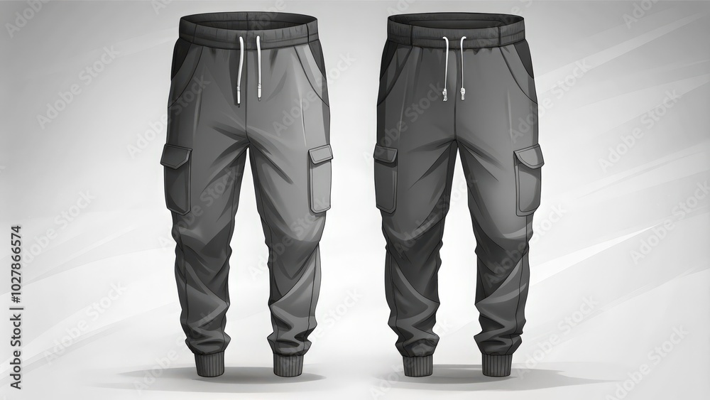 Two Pairs of Gray Cargo Pants with White Drawstrings Two Pairs of Gray Cargo Pants with White Drawstrings