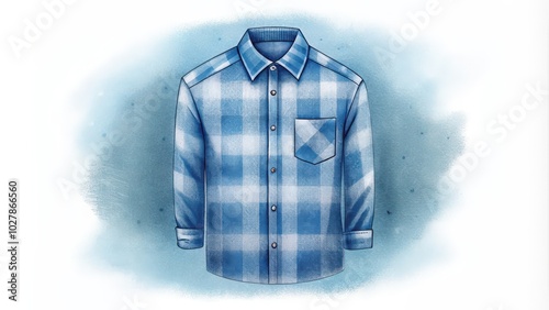 A blue and white checkered long-sleeved button-down shirt with a pocket