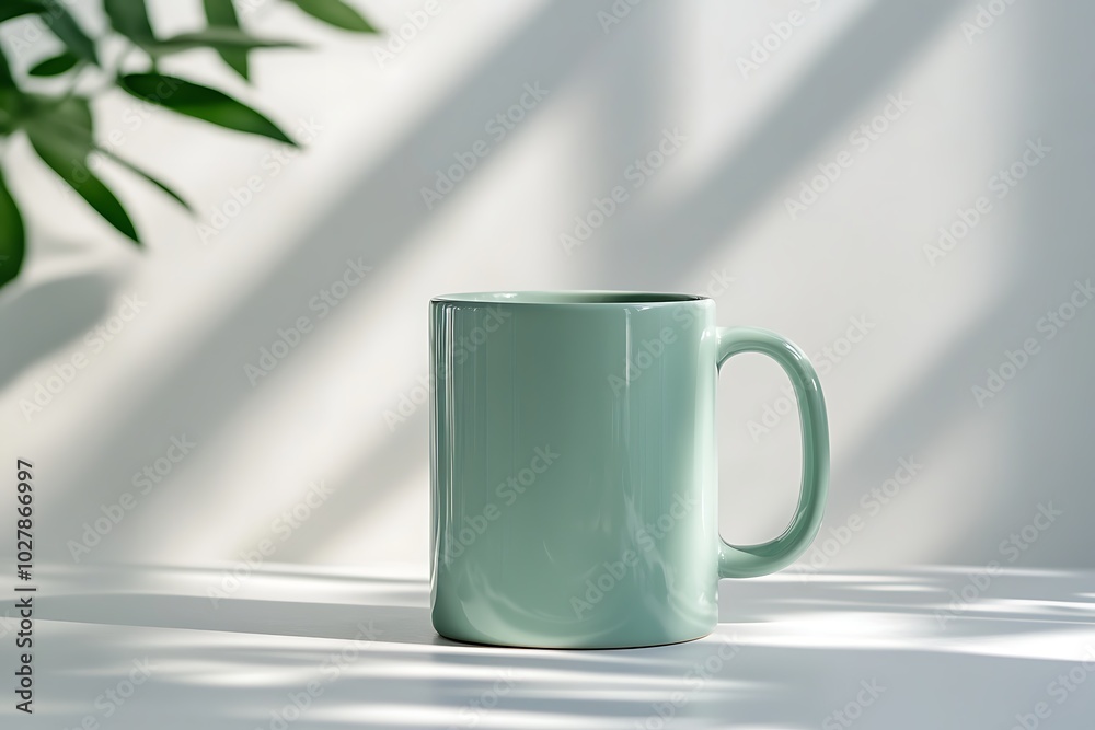 Obraz premium Green ceramic mug on table with shadows