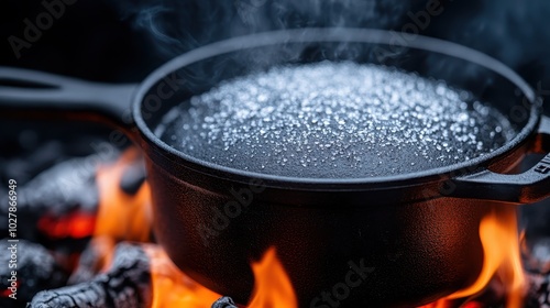 A black pot sits on a blazing fire, surrounded by glowing embers. The steam rising from the pot creates an atmosphere of warmth and rustic cooking traditions. photo