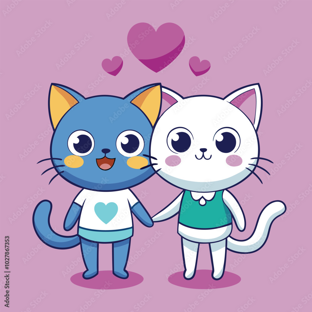 Fototapeta premium Character couple cat fall in love and little heart