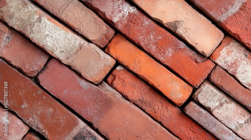 Close-up image showcasing diagonal placement of vintage red bricks, offering an appealing view of textures and colors, perfect for construction or historical themes.