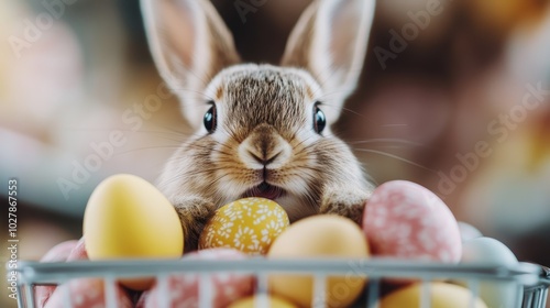 A sweet little bunny peeks over a stack of vibrantly colored Easter eggs, creating a lively and festive scene filled with delight and springtime cheerfulness. photo