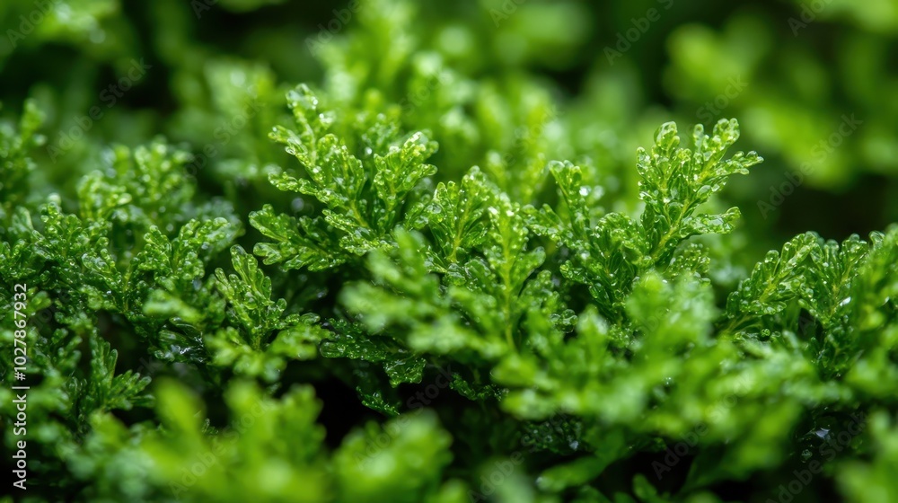 A detailed close-up image of rich green foliage glistening with dew droplets, capturing the vibrant life of the plant in an awe-inspiring natural setting. A detailed close-up image of rich green foliage glistening with dew droplets, capturing the vibrant life of the plant in an awe-inspiring natural setting.