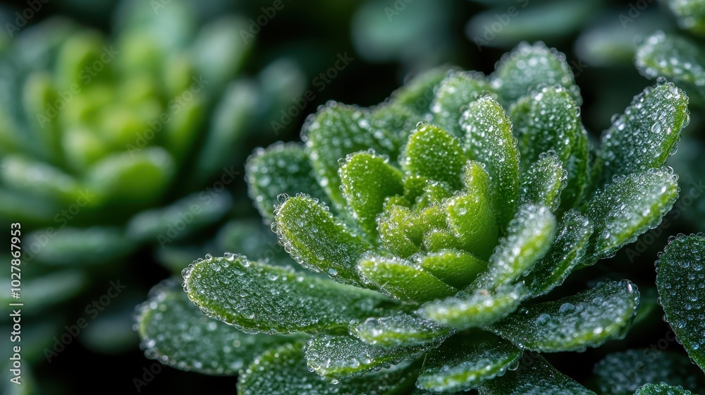 A macro shot of a succulent plant adorned with dewdrops, showcasing its rich textures and calming green hues in a captivating and serene environment.
