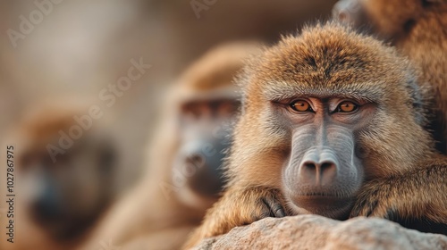 A striking close-up portrait of a monkey with a highly focused expression, its intense eyes reflecting depth and intelligence framed by its natural habitat.