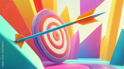 A colorful, cartoon arrow points towards a target, symbolizing the path to success in business. This design is perfect for presentations, social media posts, or covers. photo