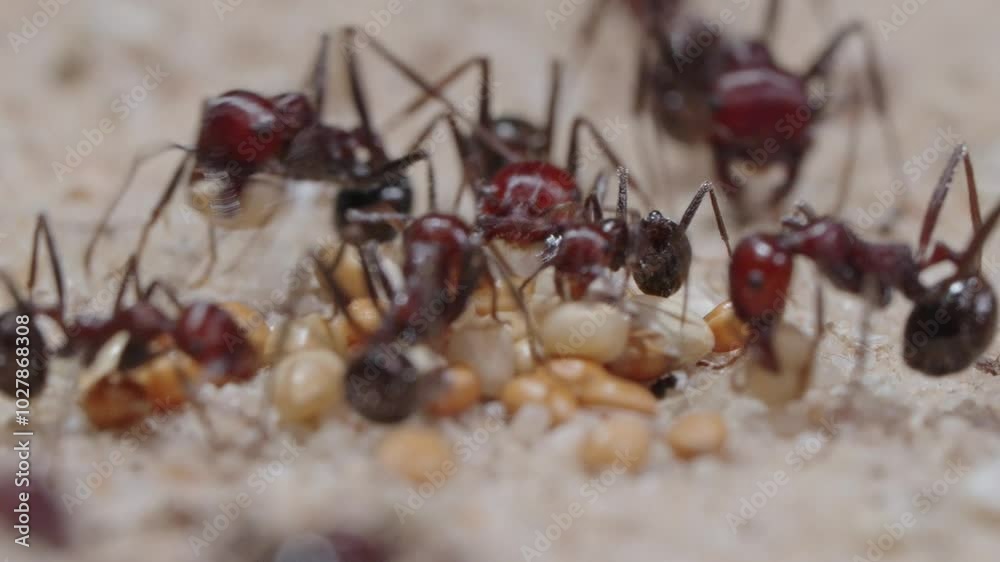 Harvester ants collect the grain and carry it to the nest.