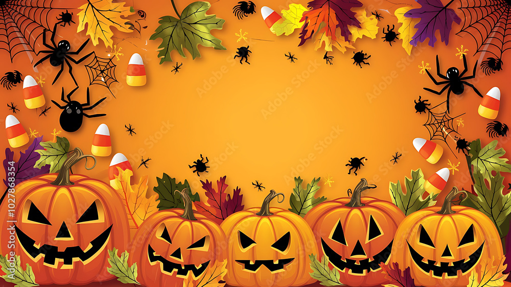 Orange pumpkins and black spiders on orange background, Halloween celebration.
Orange pumpkins and black spiders on orange background, Halloween celebration.