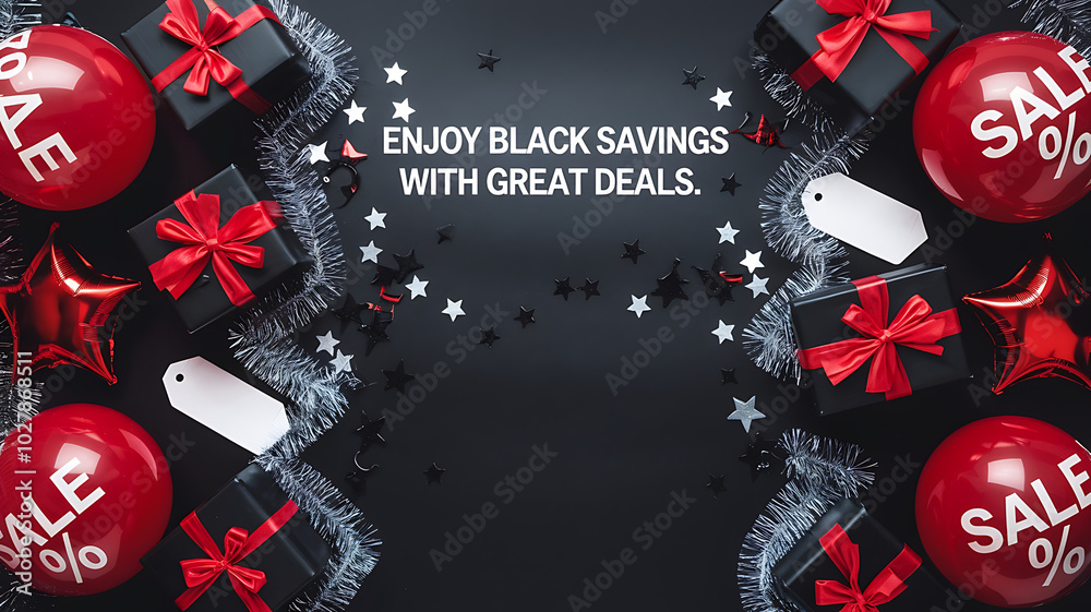 Obraz premium Black Friday Sale with Red and Black Gifts and Balloons Black Friday Shopping Concept