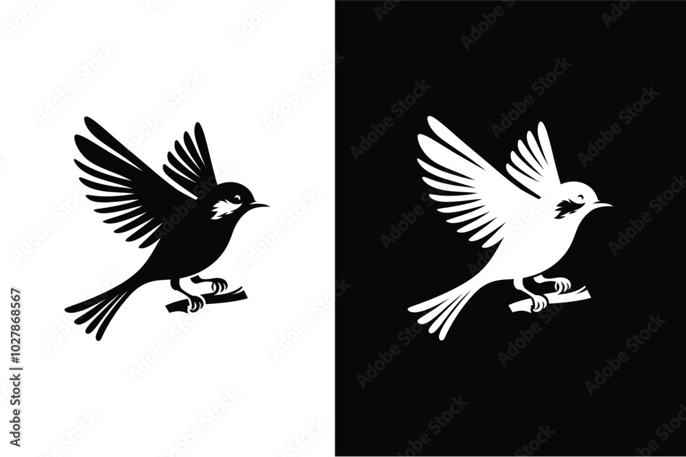 Fototapeta premium Birds black and white royalty free vector icon silhouettes. Dove Icon on Black and White Vector Background.
