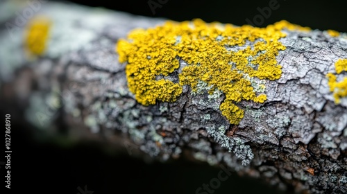 A close-up view of a branch adorned with bright yellow lichen offers a vivid contrast against a gray bark, capturing nature's resilience and beauty in detailed portrayal. photo