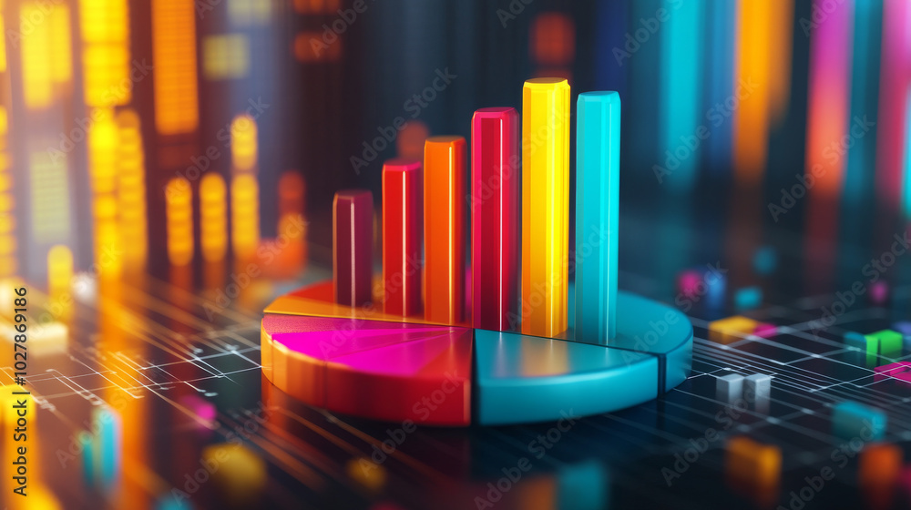 Obraz premium A colorful pie chart with bars, shown in 3D.