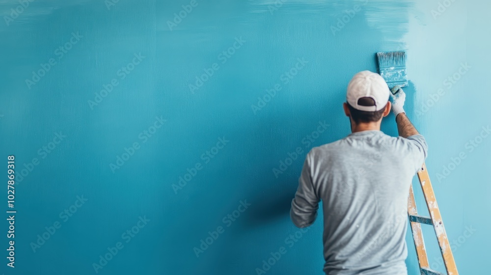 A person stands on a ladder and paints a large blue wall with a brush, carefully applying the color. The scene conveys focus and a sense of creative endeavor. A person stands on a ladder and paints a large blue wall with a brush, carefully applying the color. The scene conveys focus and a sense of creative endeavor.