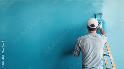 Fototapeta Naklejka Na Ścianę i Meble -  A person stands on a ladder and paints a large blue wall with a brush, carefully applying the color. The scene conveys focus and a sense of creative endeavor.