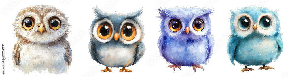 Fototapeta premium A tiny owl with large eyes, illustrated in soft pastel watercolor style, child-friendly, set on a transparent background.
